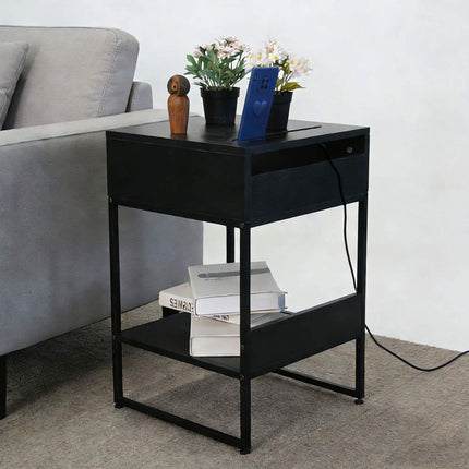 Black Bedside Table with 2 Shelves and Phone Holder