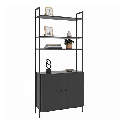 Black Bookcase with Storage Unit, MDF & Metal, 4 Shelves