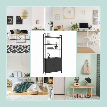 Black Bookcase with Storage Unit, MDF & Metal, 4 Shelves