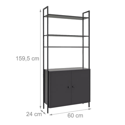 Black Bookcase with Storage Unit, MDF & Metal, 4 Shelves
