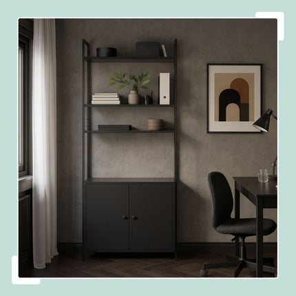 Black Bookcase with Storage Unit, MDF & Metal, 4 Shelves