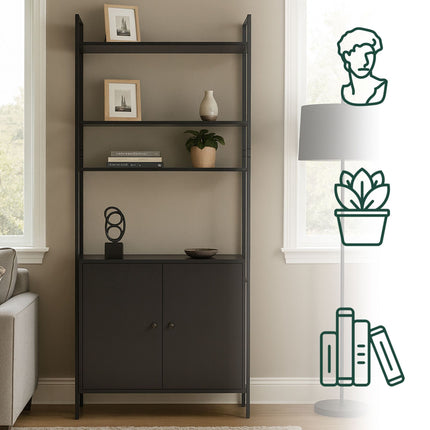 Black Bookcase with Storage Unit, MDF & Metal, 4 Shelves