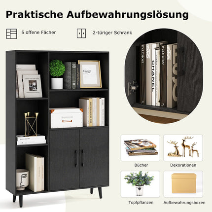 Black Bookshelf with Doors & Open Shelves, 5-Tier Storage