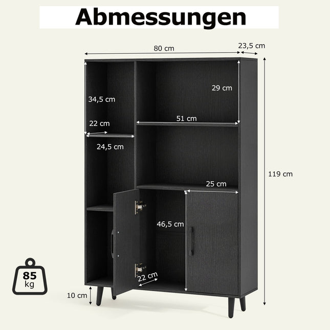 Black Bookshelf with Doors & Open Shelves, 5-Tier Storage