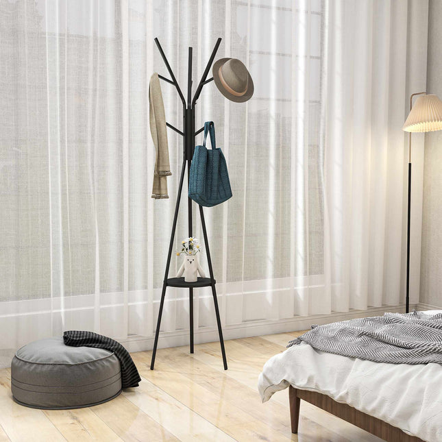 Zwarte kapstok met plank en 8 haken, modern design
