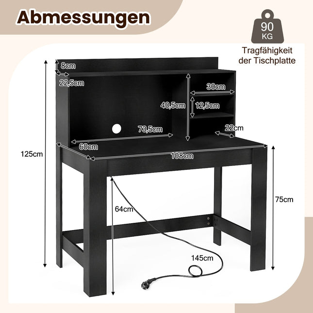 Black Computer Desk with Hutch, Power Outlets & Cable Management