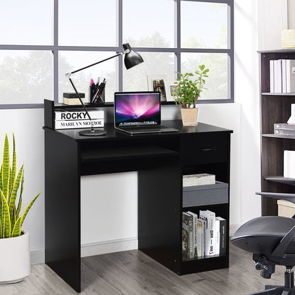 Black Computer Desk with Keyboard Tray and Storage Shelves