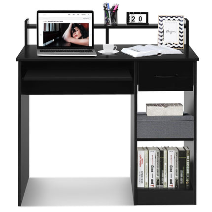 Black Computer Desk with Keyboard Tray and Storage Shelves