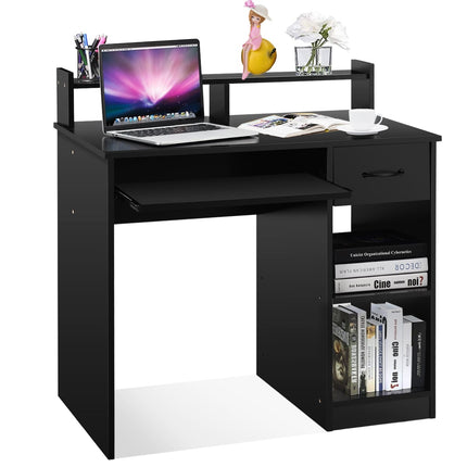 Black Computer Desk with Keyboard Tray and Storage Shelves