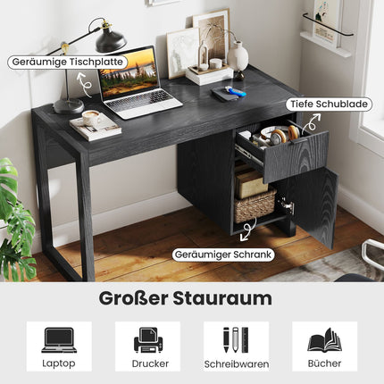 Black Computer Desk with Storage Cabinet, 112cm