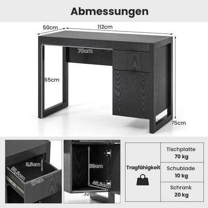 Black Computer Desk with Storage Cabinet, 112cm