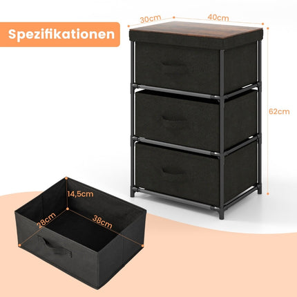 Black Fabric Drawer Nightstand, Metal Frame, Set of 2