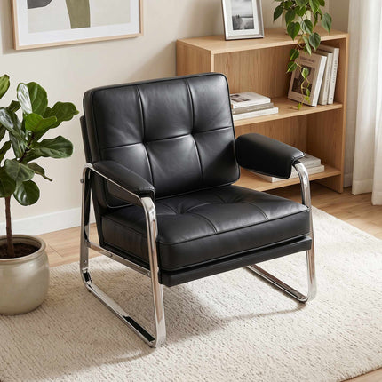Black Faux Leather Lounge Chair with Armrests, Steel Legs