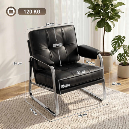 Black Faux Leather Lounge Chair with Armrests, Steel Legs