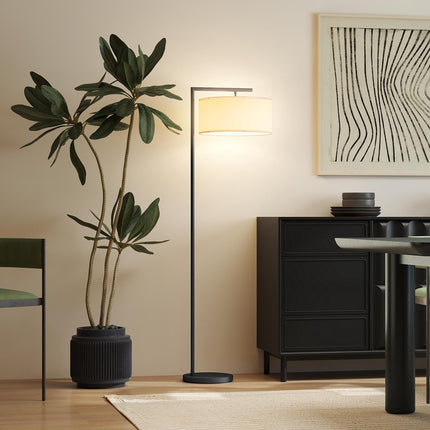 Black Floor Lamp with White Fabric Shade, E27 Socket