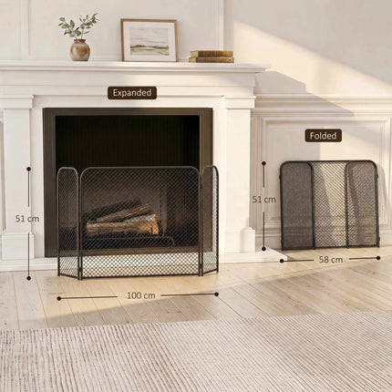 Black Geometric Foldable Fireplace Screen – Metal, 3-Panel