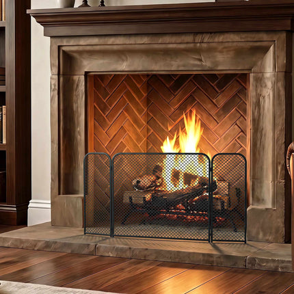 Black Geometric Foldable Fireplace Screen – Metal, 3-Panel
