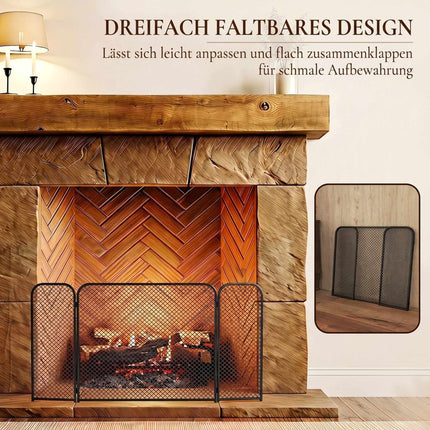 Black Geometric Foldable Fireplace Screen – Metal, 3-Panel