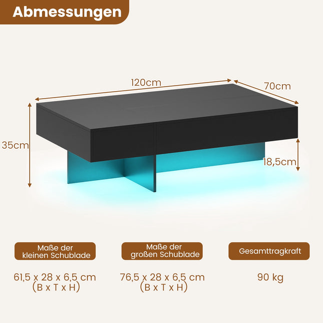 Black High-Gloss Coffee Table with LED Lights & 3 Drawers