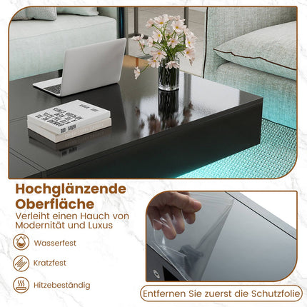 Black High-Gloss Coffee Table with LED Lights & 3 Drawers