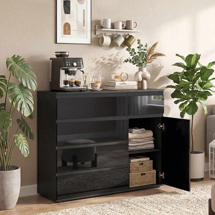 Black High Gloss Sideboard with 5 Drawers & Adjustable Shelf