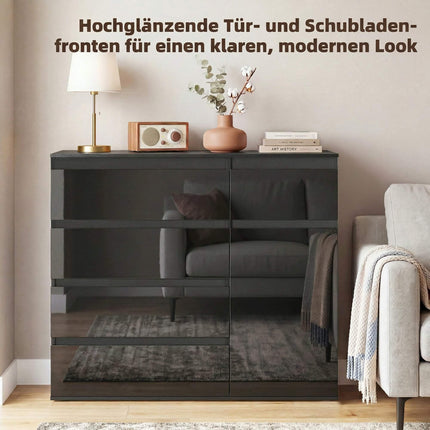 Black High Gloss Sideboard with 5 Drawers & Adjustable Shelf
