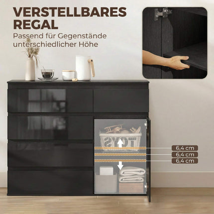 Black High Gloss Sideboard with 5 Drawers & Adjustable Shelf