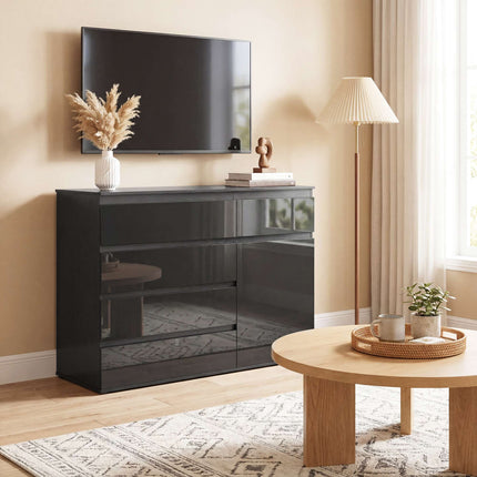 Black High Gloss Sideboard with 5 Drawers & Adjustable Shelf