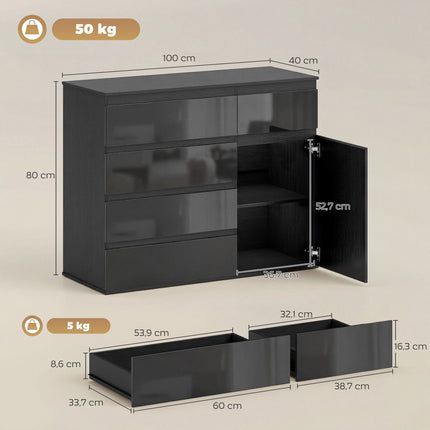 Black High Gloss Sideboard with 5 Drawers & Adjustable Shelf
