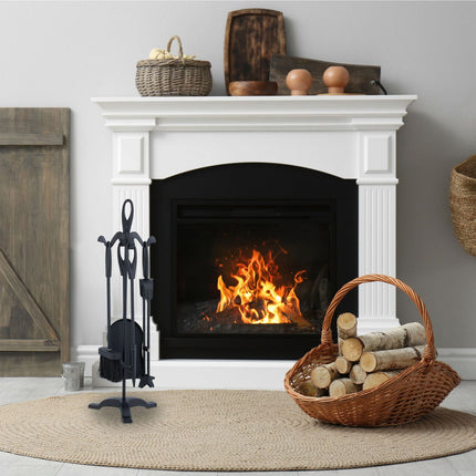 Black Iron Fireplace Tool Set – 5-Piece Accessory Holder
