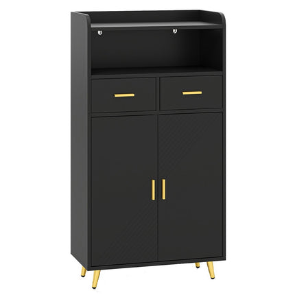 Black Kitchen Cabinet with Double Doors, 2 Drawers, Adjustable Shelf
