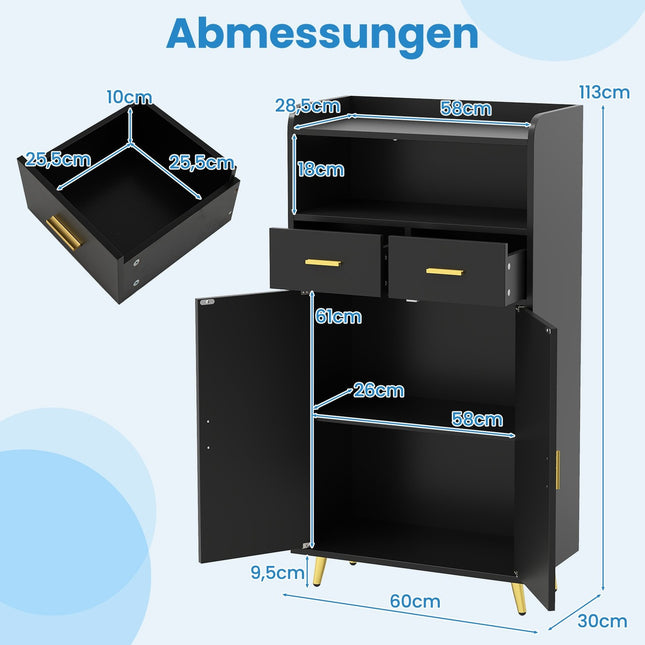 Black Kitchen Cabinet with Double Doors, 2 Drawers, Adjustable Shelf