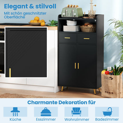 Black Kitchen Cabinet with Double Doors, 2 Drawers, Adjustable Shelf