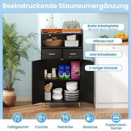 Black Kitchen Cabinet with Double Doors, 2 Drawers, Adjustable Shelf