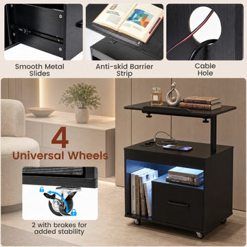 Black LED Nightstand with Wheels, Charging Ports & Tilting Table