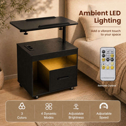 Black LED Nightstand with Wheels, Charging Ports & Tilting Table