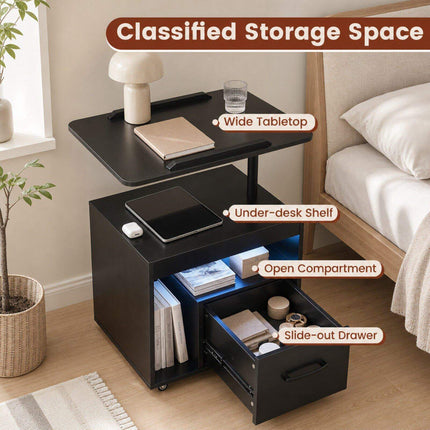 Black LED Nightstand with Wheels, Charging Ports & Tilting Table