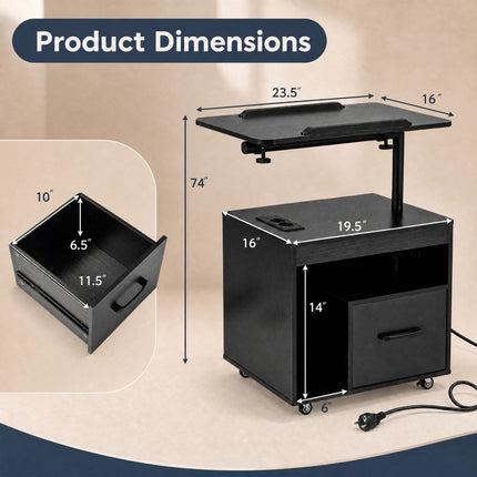 Black LED Nightstand with Wheels, Charging Ports & Tilting Table