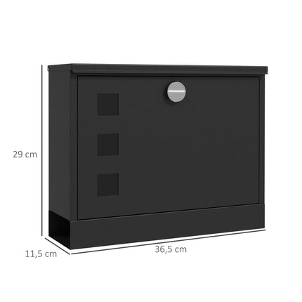 Black metal mailbox with window & key lock, 36.5x11.5x29cm