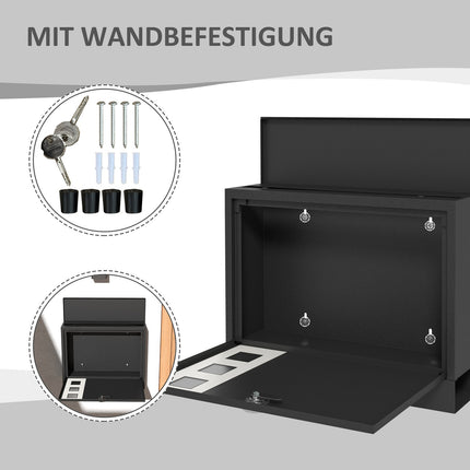 Black metal mailbox with window & key lock, 36.5x11.5x29cm