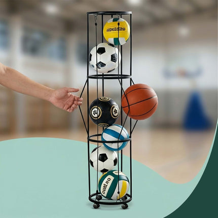 Black Metal Ball Rack with Wheels, 148.5 x 33 cm