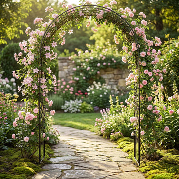 Black Metal Garden Arch Trellis with Ground Stakes