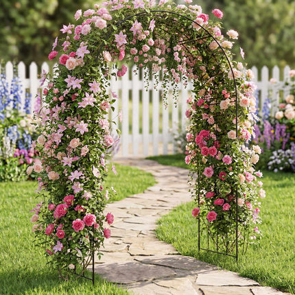 Black Metal Garden Arch Trellis with Ground Stakes