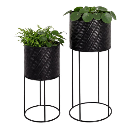 Black Metal Plant Stand Set of 2 – Modern Embossed Finish