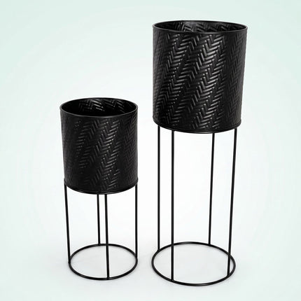 Black Metal Plant Stand Set of 2 – Modern Embossed Finish