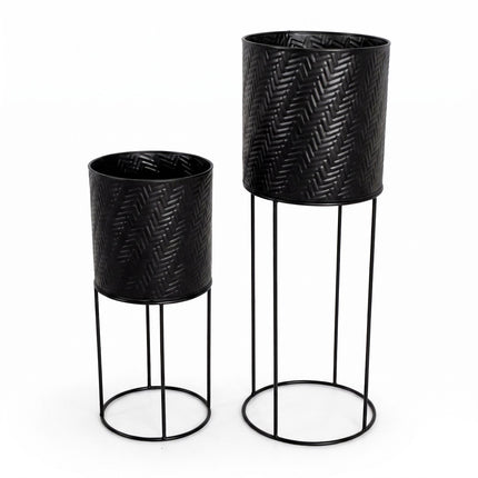 Black Metal Plant Stand Set of 2 – Modern Embossed Finish