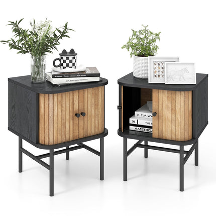 Black Nightstand Set with Sliding Doors, Storage Space