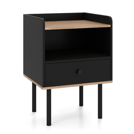 Black Nightstand with Drawer & Open Shelf, Metal Legs