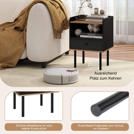 Black Nightstand with Drawer & Open Shelf, Metal Legs