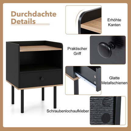 Black Nightstand with Drawer & Open Shelf, Metal Legs